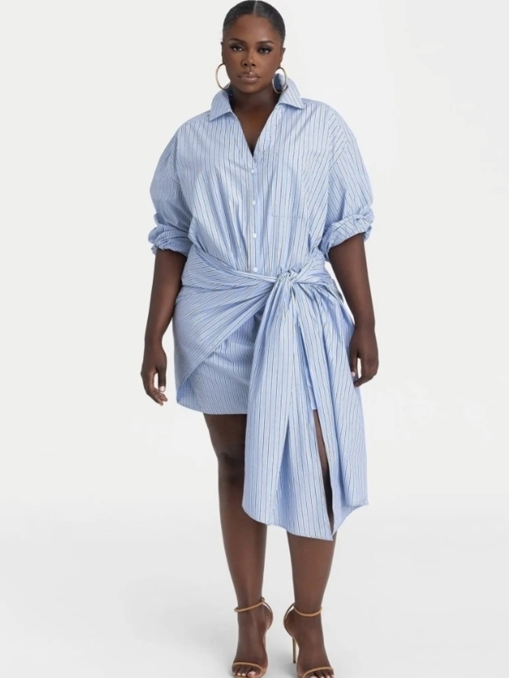 KBB Tie-Waist Blue Striped Shirt Mini Dress